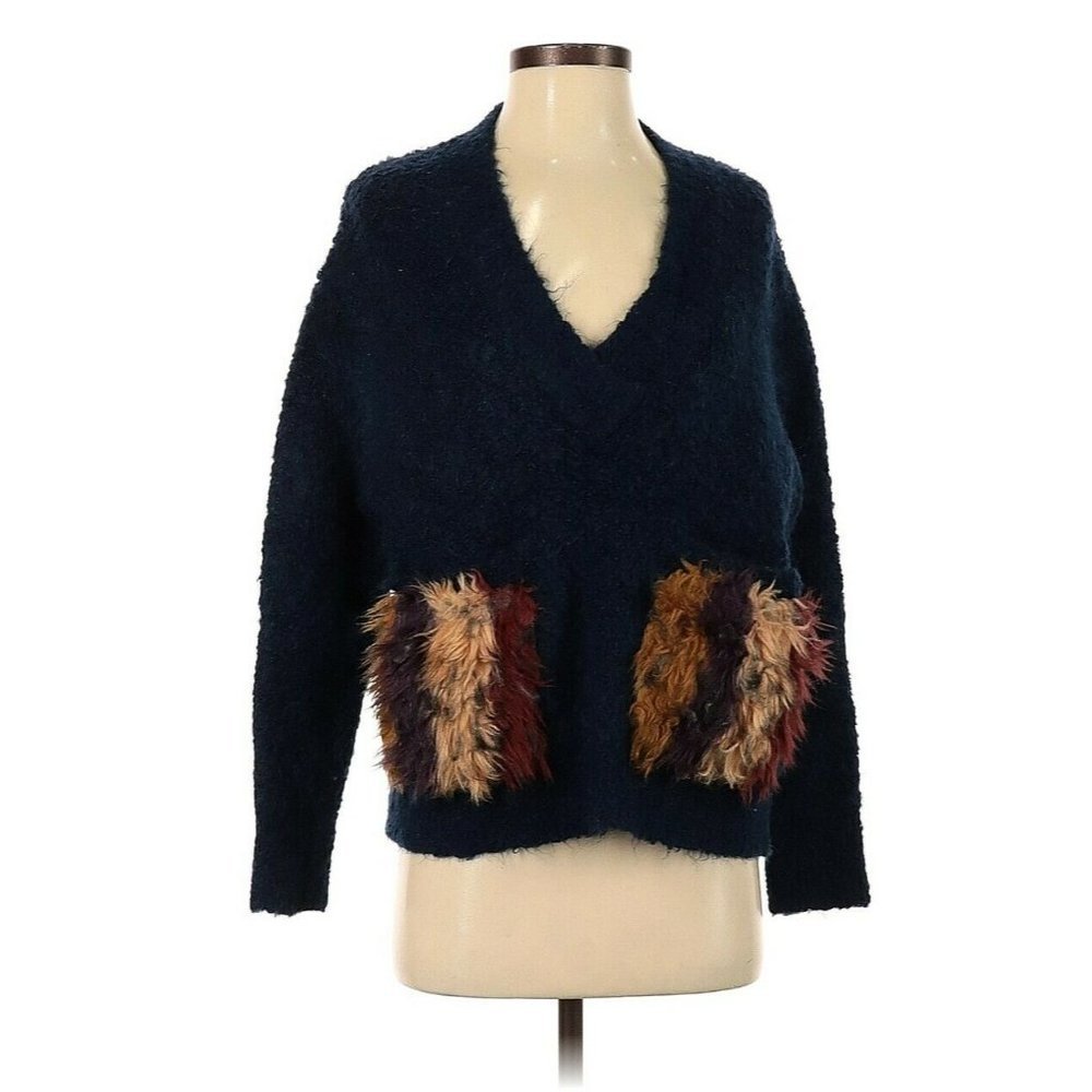 Zara Knit Dark Blue Vneck Sweater Fuzzy Pockets Wool Mohair Blend Size Small - Picture 2 of 8